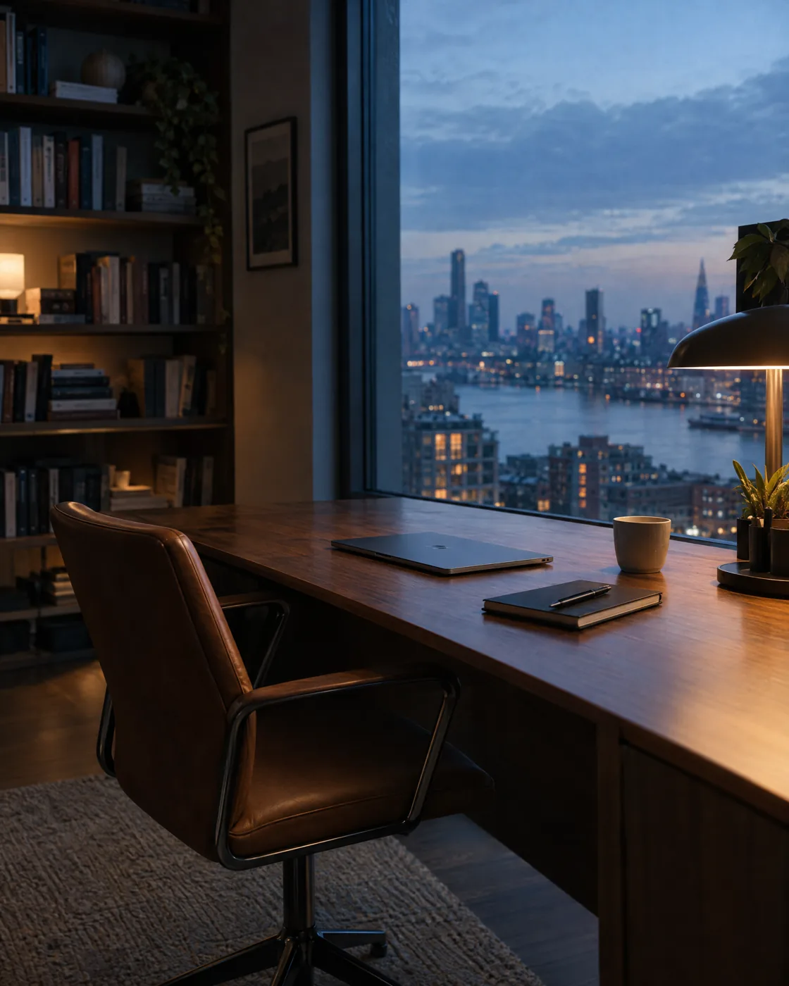 An empty executive desk and leather chair overlooking a city skyline at dusk