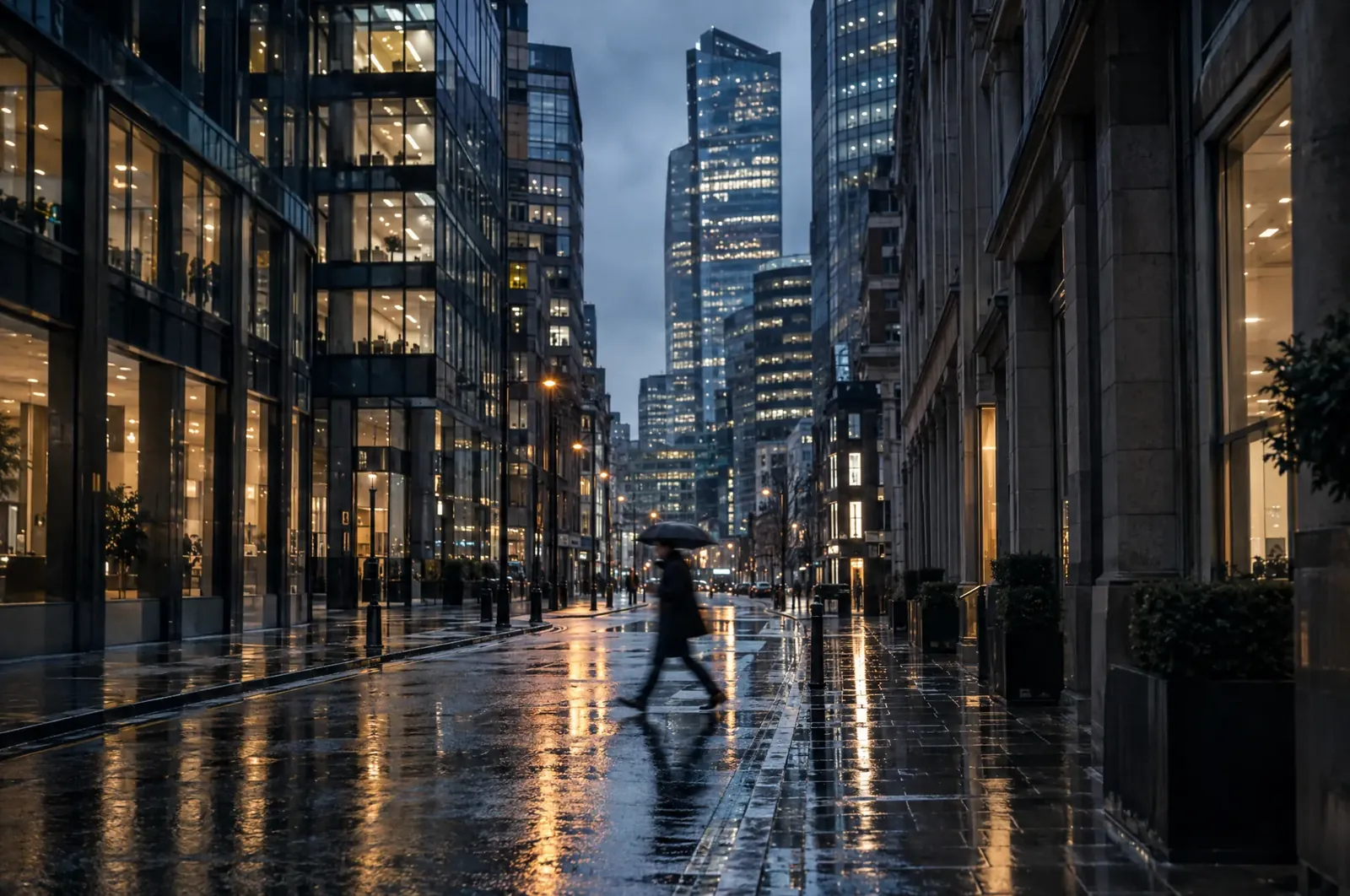 Illuminated office towers along a rain-soaked city street at dusk, with a pedestrian carrying an umbrella