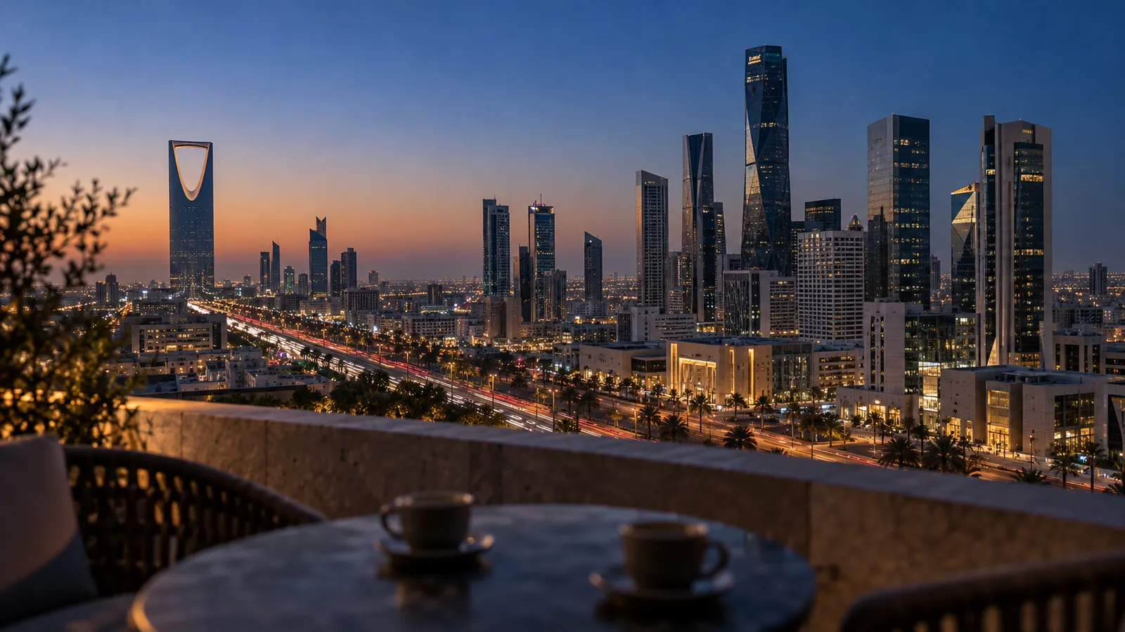 Riyadh skyline at blue hour viewed from a terrace