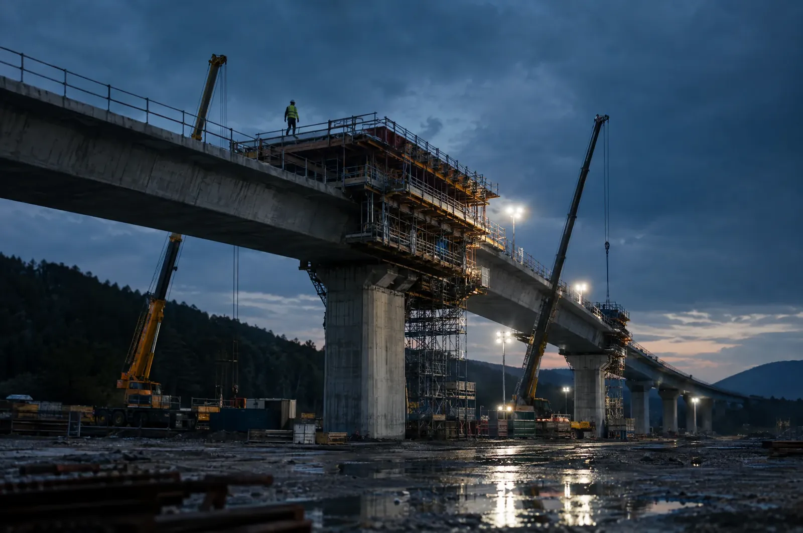 An elevated concrete bridge under construction at dusk, with cranes, scaffolding and site lighting