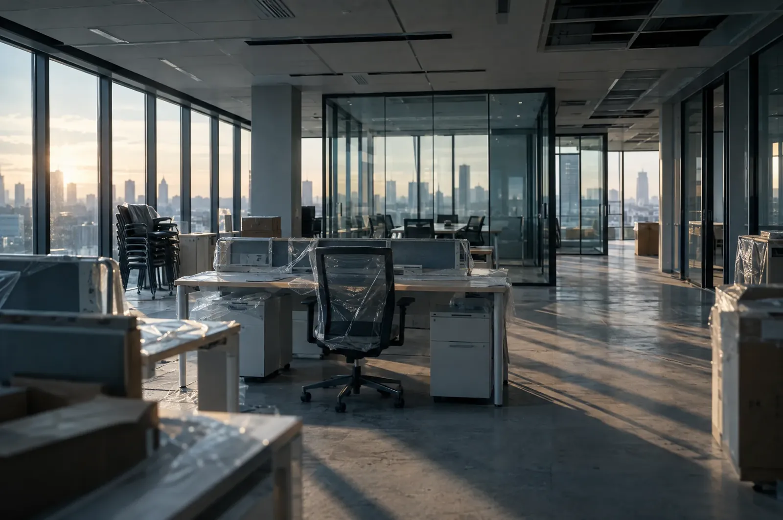 A new glass-walled office with desks and chairs being prepared for use, overlooking a city skyline