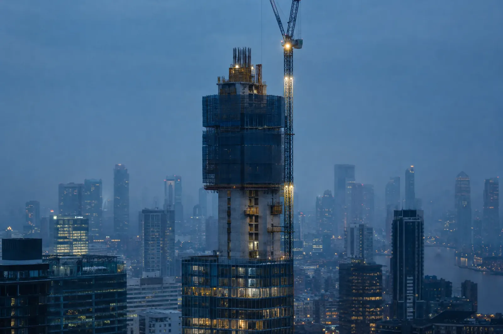A high-rise under construction at dusk, its concrete core rising above a glass tower wrapped in protective screens, with a lit crane against a hazy skyline