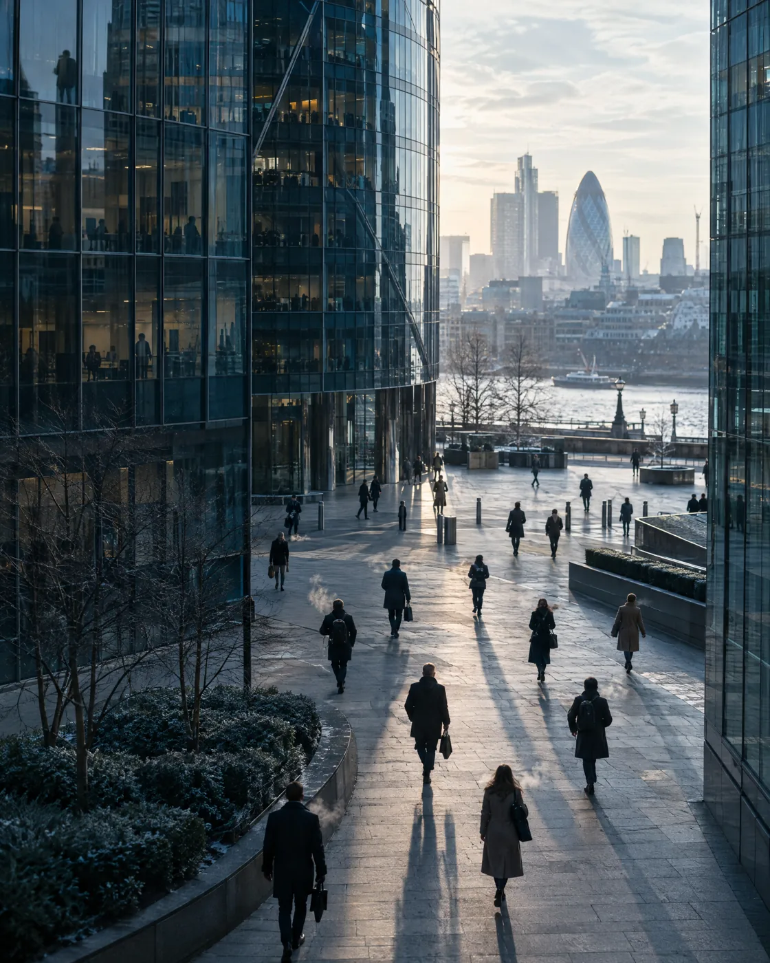 Commuters walking between glass office towers in London