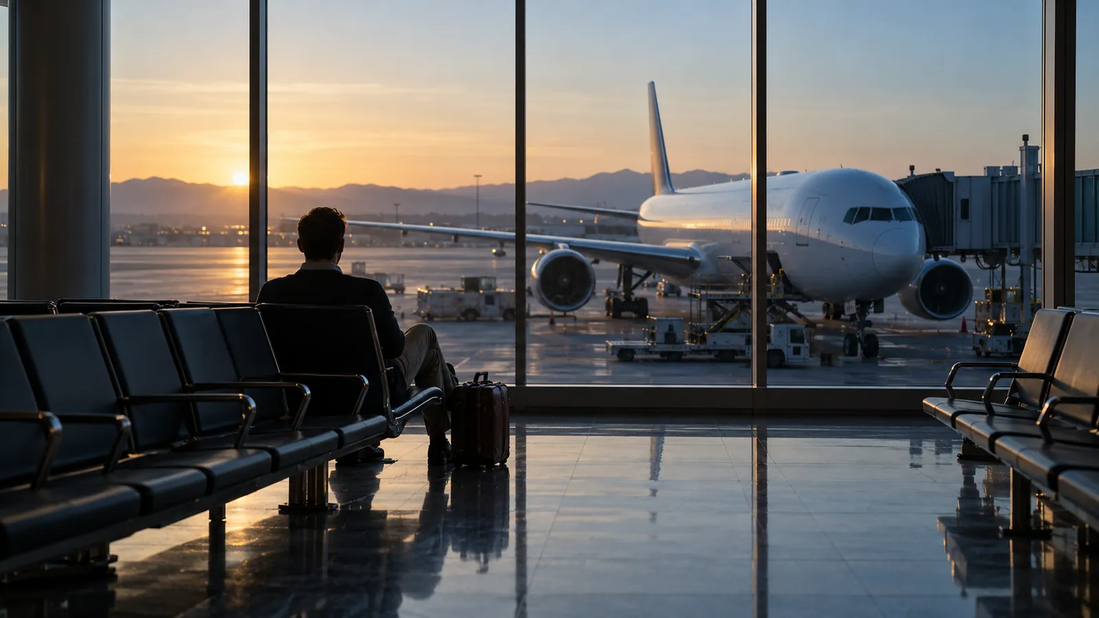 A traveller overlooking an aircraft from a departure gate at dawn