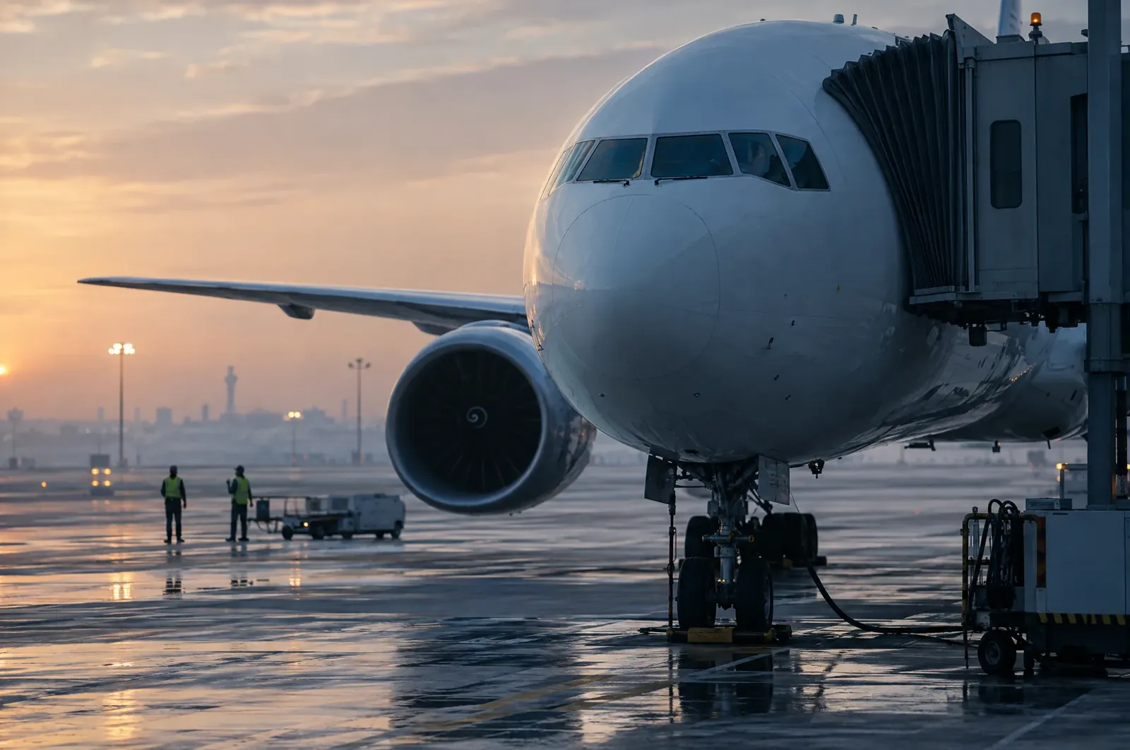 A passenger aircraft at an airport gate at sunrise, with ground crew on the wet apron